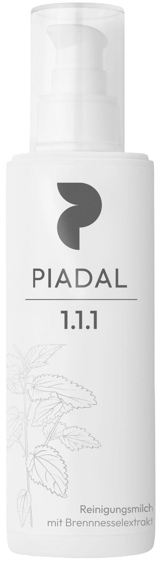 Detailansicht der PIADAL Reinigungsmilch mit Brennnesselextrakt im minimalistischen Verpackungsdesign