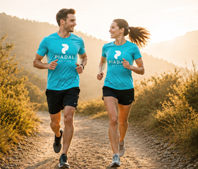 Zwei Läufer im PIADAL Active Shirt beim gemeinsamen Lauf in der Natur
